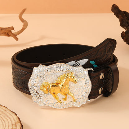 Western Style Carved Feather Belt, Vintage Embossed Running Horse Buckle Men's Waist Strap, American Cowboy Workwear Versatile Belt