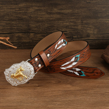 Western Style Carved Feather Belt, Vintage Embossed Running Horse Buckle Men's Waist Strap, American Cowboy Workwear Versatile Belt