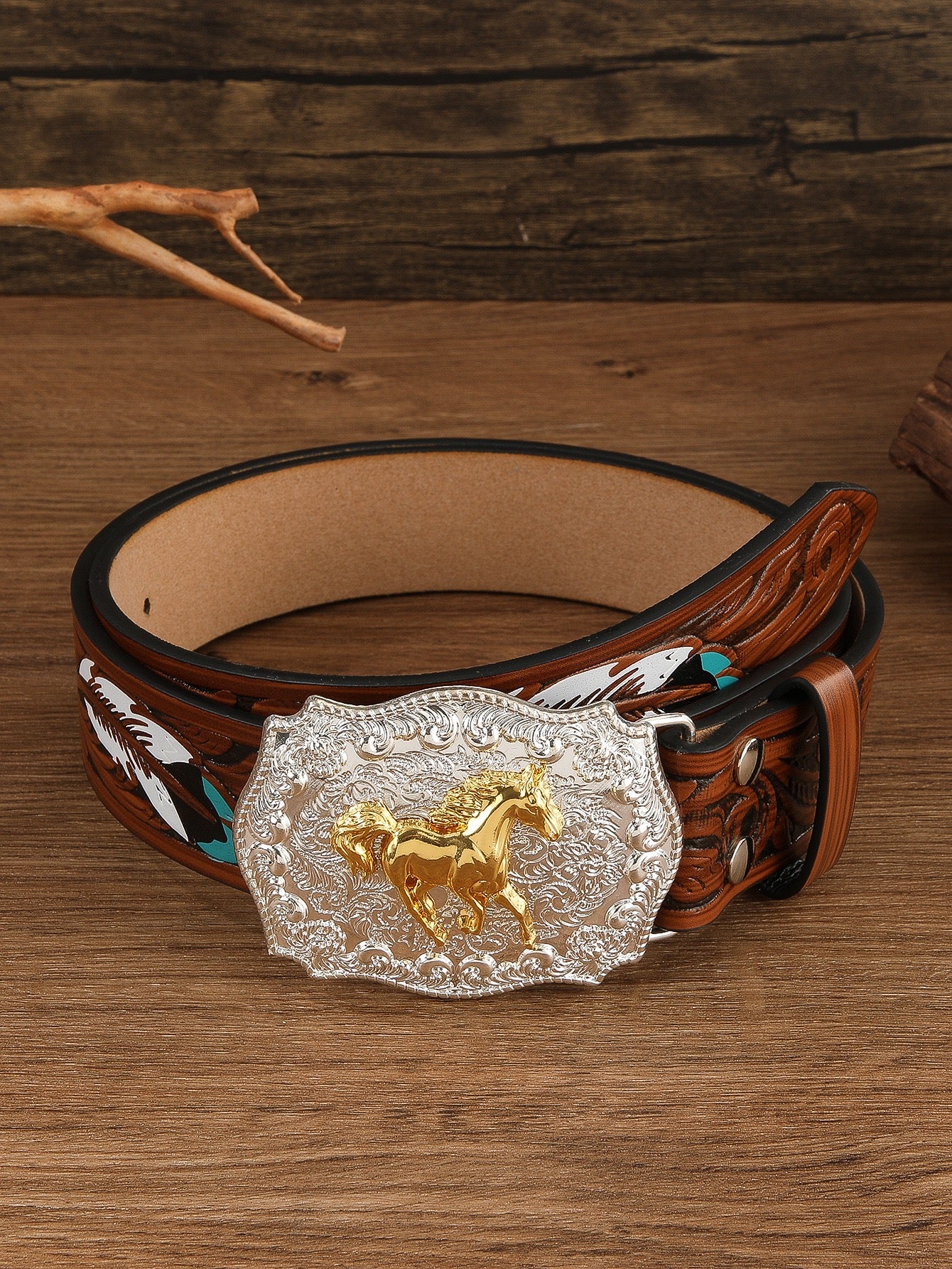 Western Style Carved Feather Belt, Vintage Embossed Running Horse Buckle Men's Waist Strap, American Cowboy Workwear Versatile Belt