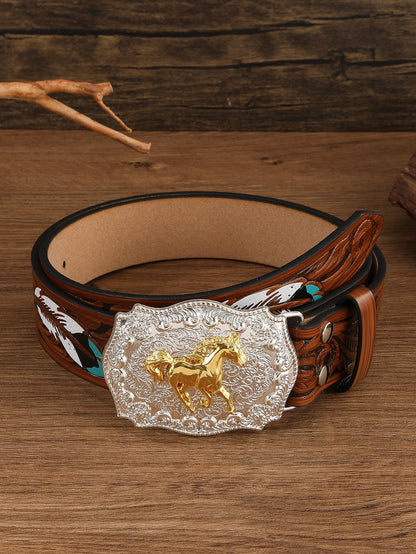 Western Style Carved Feather Belt, Vintage Embossed Running Horse Buckle Men's Waist Strap, American Cowboy Workwear Versatile Belt