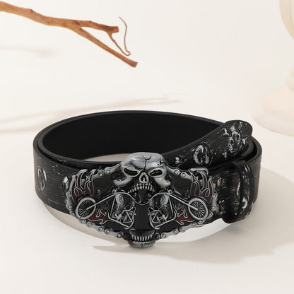 【#A13】Dark Skull & Motorcycle Buckle Belt, Vintage Skull Print Men's Waist Strap, Punk Street Style Versatile Belt