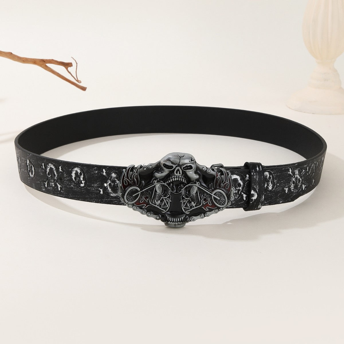 【#A13】Dark Skull & Motorcycle Buckle Belt, Vintage Skull Print Men's Waist Strap, Punk Street Style Versatile Belt