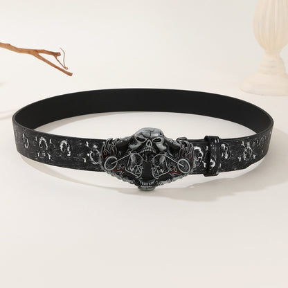 【#A13】Dark Skull & Motorcycle Buckle Belt, Vintage Skull Print Men's Waist Strap, Punk Street Style Versatile Belt