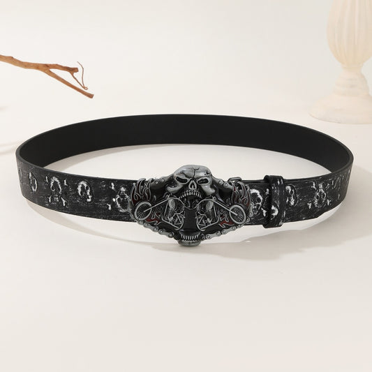 【#A13】Dark Skull & Motorcycle Buckle Belt, Vintage Skull Print Men's Waist Strap, Punk Street Style Versatile Belt