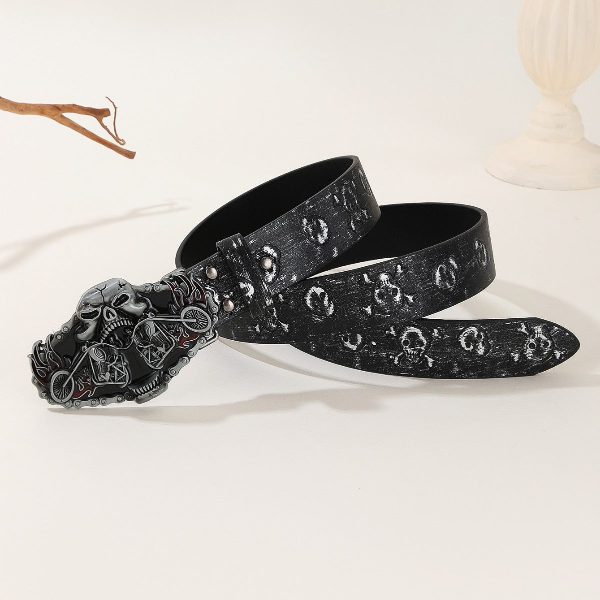 【#A13】Dark Skull & Motorcycle Buckle Belt, Vintage Skull Print Men's Waist Strap, Punk Street Style Versatile Belt