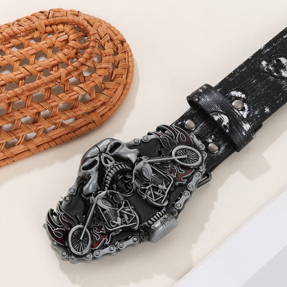 【#A13】Dark Skull & Motorcycle Buckle Belt, Vintage Skull Print Men's Waist Strap, Punk Street Style Versatile Belt