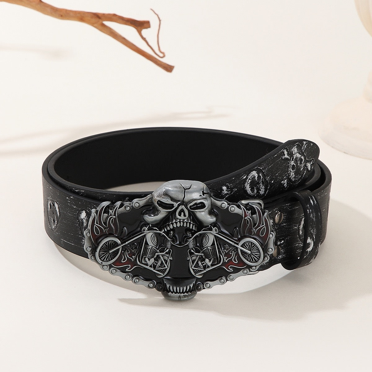 【#A13】Dark Skull & Motorcycle Buckle Belt, Vintage Skull Print Men's Waist Strap, Punk Street Style Versatile Belt