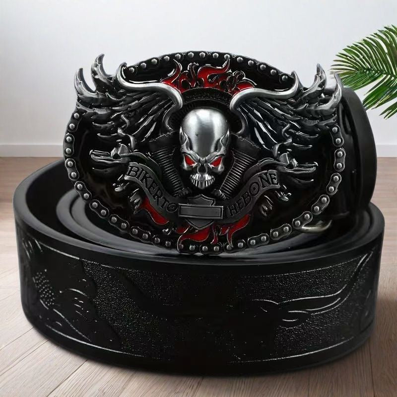 Dark Biker Style Skull Embossed Belt, Vintage Engraved Men's Waist Strap, Punk Street Style Versatile Belt