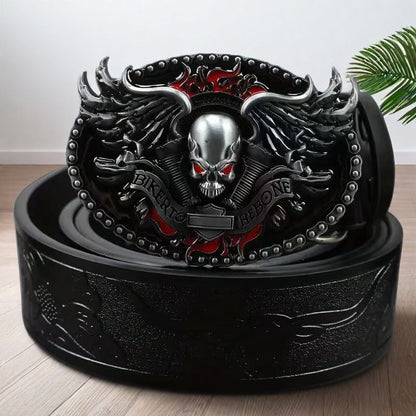 Dark Biker Style Skull Embossed Belt, Vintage Engraved Men's Waist Strap, Punk Street Style Versatile Belt