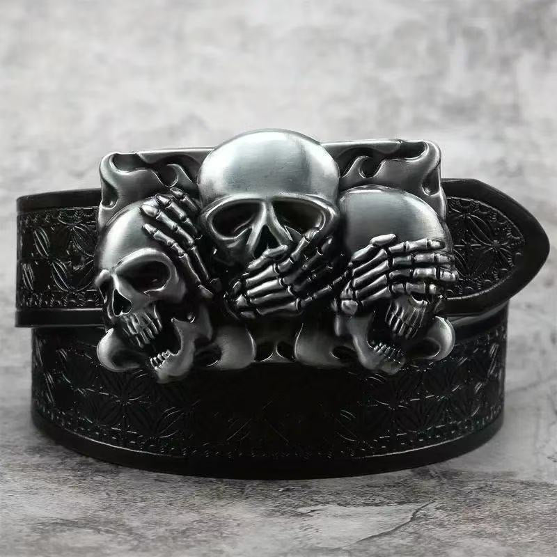 Dark Biker Style Skull Embossed Belt, Vintage Engraved Men's Waist Strap, Punk Street Style Versatile Belt
