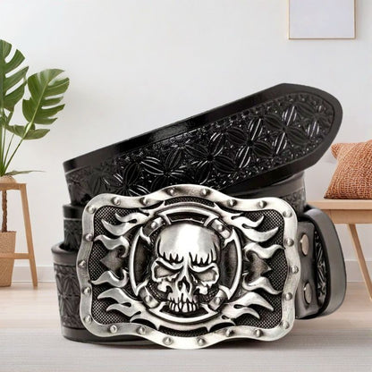 Dark Biker Style Skull Embossed Belt, Vintage Engraved Men's Waist Strap, Punk Street Style Versatile Belt