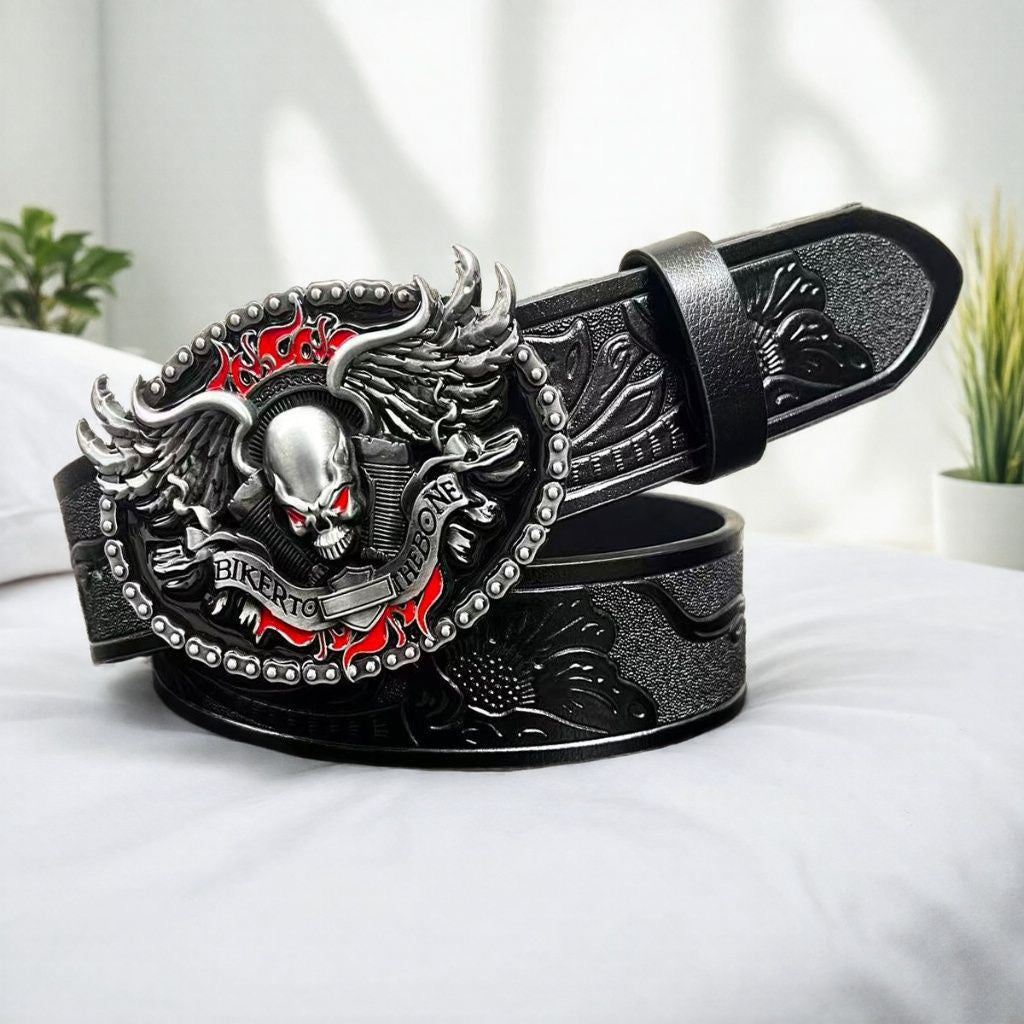 Dark Biker Style Skull Embossed Belt, Vintage Engraved Men's Waist Strap, Punk Street Style Versatile Belt