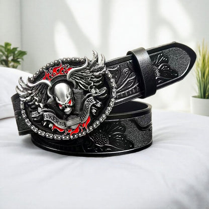 Dark Biker Style Skull Embossed Belt, Vintage Engraved Men's Waist Strap, Punk Street Style Versatile Belt
