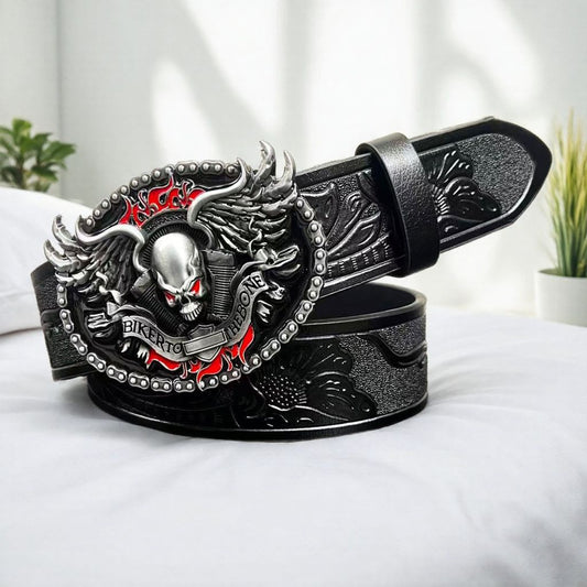 【#A14】Dark Biker Style Skull Embossed Belt, Vintage Engraved Men's Waist Strap, Punk Street Style Versatile Belt