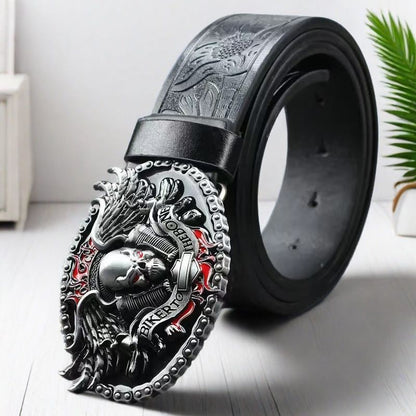 Dark Biker Style Skull Embossed Belt, Vintage Engraved Men's Waist Strap, Punk Street Style Versatile Belt