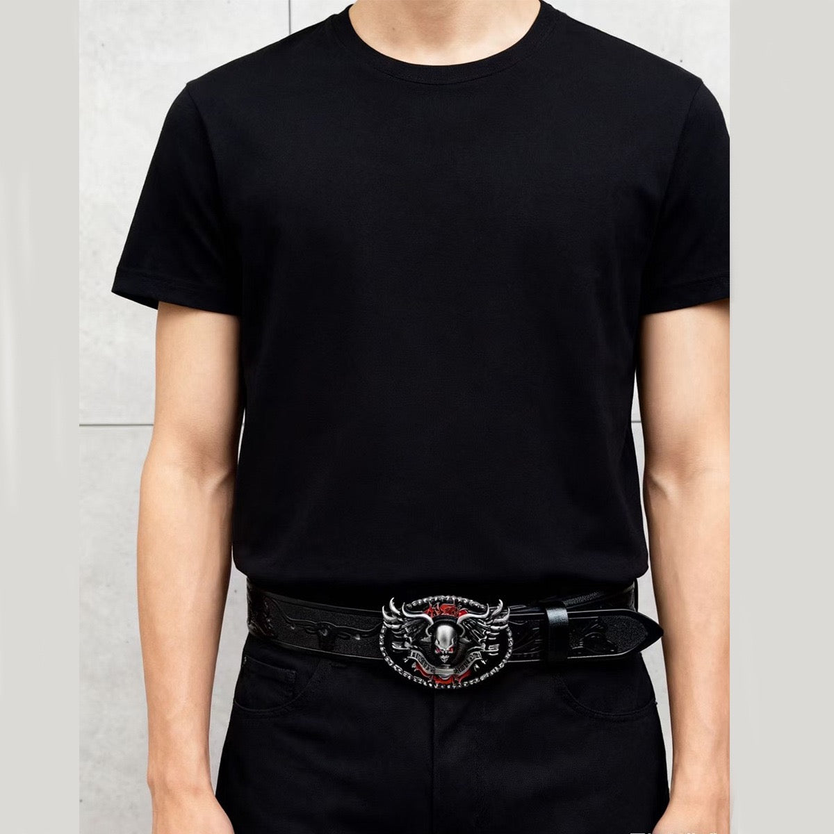 Dark Biker Style Skull Embossed Belt, Vintage Engraved Men's Waist Strap, Punk Street Style Versatile Belt