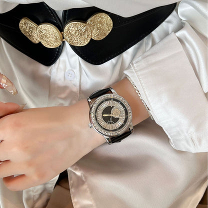 Luxury Diamond-Encrusted Starry Sky Women's Watch, Skeleton Mechanical-Style Quartz Wristwatch, Crocodile-Embossed Leather Strap Elegant Timepiece