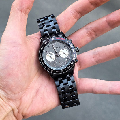Men's Sports Chronograph Watch, Multi-Function Three-Eye Quartz Wristwatch, Tachymeter Bezel with Steel/Leather Strap for Business & Casual