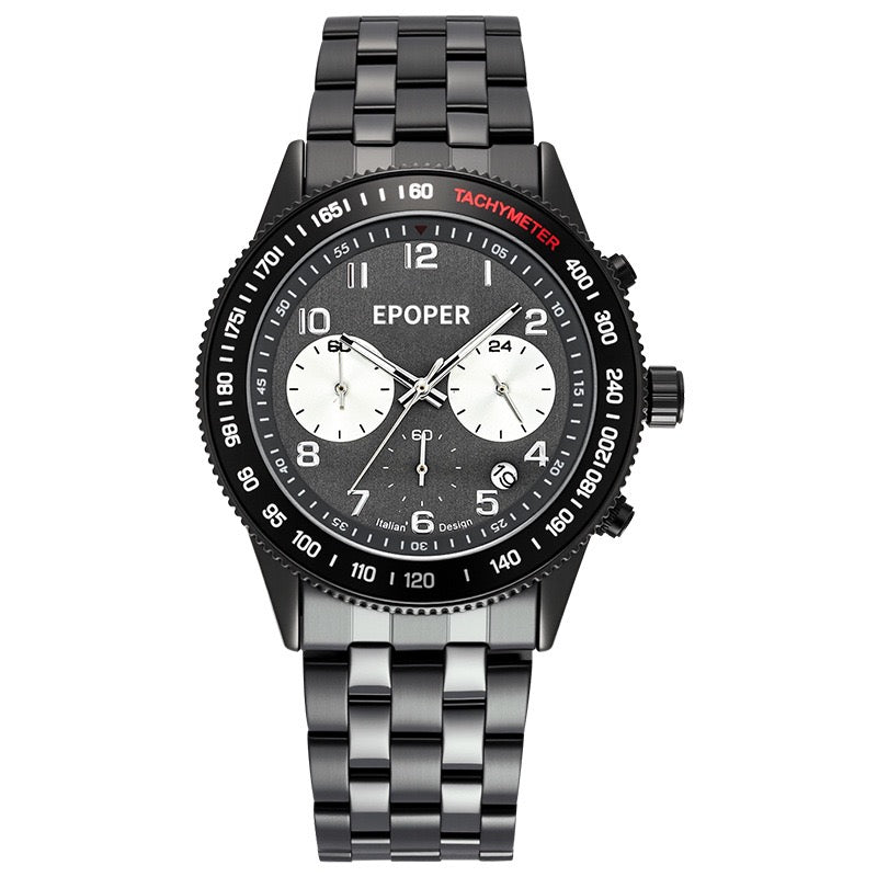 Men's Sports Chronograph Watch, Multi-Function Three-Eye Quartz Wristwatch, Tachymeter Bezel with Steel/Leather Strap for Business & Casual