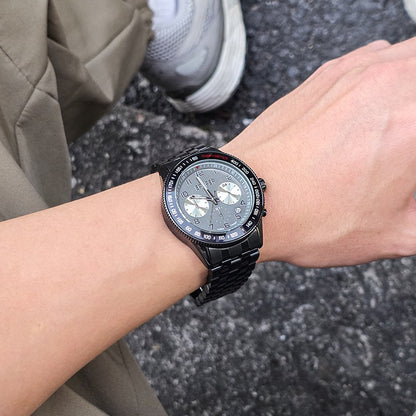 Men's Sports Chronograph Watch, Multi-Function Three-Eye Quartz Wristwatch, Tachymeter Bezel with Steel/Leather Strap for Business & Casual