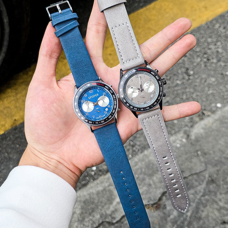 Men's Sports Chronograph Watch, Multi-Function Three-Eye Quartz Wristwatch, Tachymeter Bezel with Steel/Leather Strap for Business & Casual