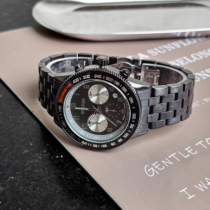 Men's Sports Chronograph Watch, Multi-Function Three-Eye Quartz Wristwatch, Tachymeter Bezel with Steel/Leather Strap for Business & Casual
