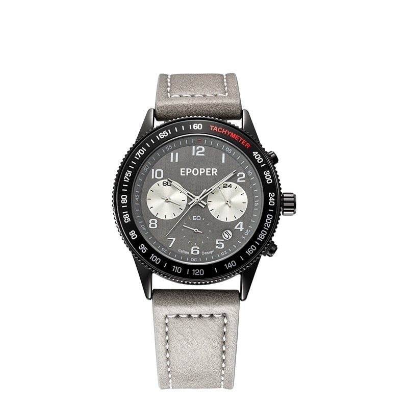 Men's Sports Chronograph Watch, Multi-Function Three-Eye Quartz Wristwatch, Tachymeter Bezel with Steel/Leather Strap for Business & Casual