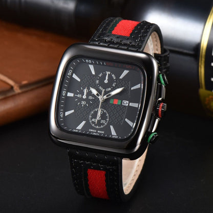 Square Three-Eye Chronograph Men's Watch, Retro Red-Green Stripe Leather Strap Quartz Wristwatch, Trendy Waterproof Versatile Timepiece
