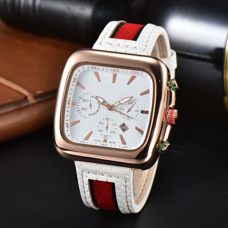 Square Three-Eye Chronograph Men's Watch, Retro Red-Green Stripe Leather Strap Quartz Wristwatch, Trendy Waterproof Versatile Timepiece