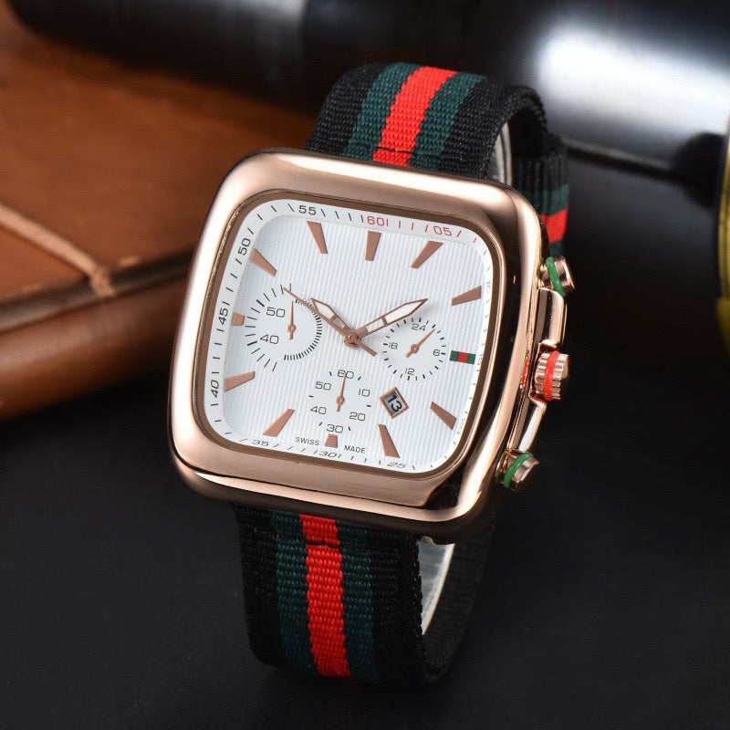 Square Three-Eye Chronograph Men's Watch, Retro Red-Green Stripe Leather Strap Quartz Wristwatch, Trendy Waterproof Versatile Timepiece