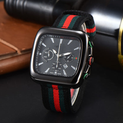 Square Three-Eye Chronograph Men's Watch, Retro Red-Green Stripe Leather Strap Quartz Wristwatch, Trendy Waterproof Versatile Timepiece