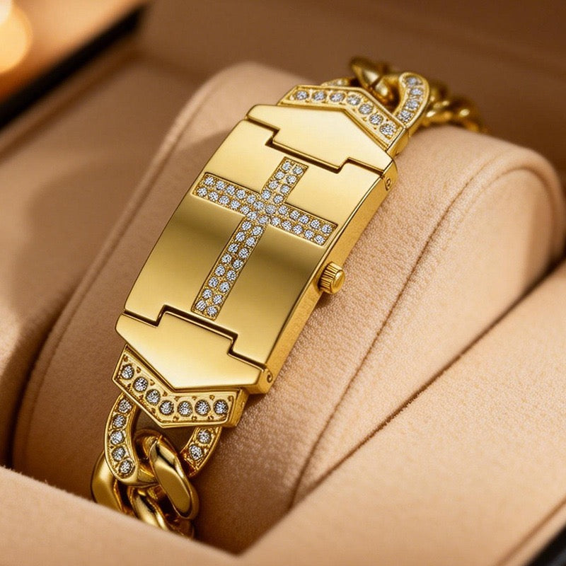 Luxury Flip-Top Cross Diamond-Encrusted Watch, Retro Chain-Style Women's Wristwatch, Niche Design Quartz Watch