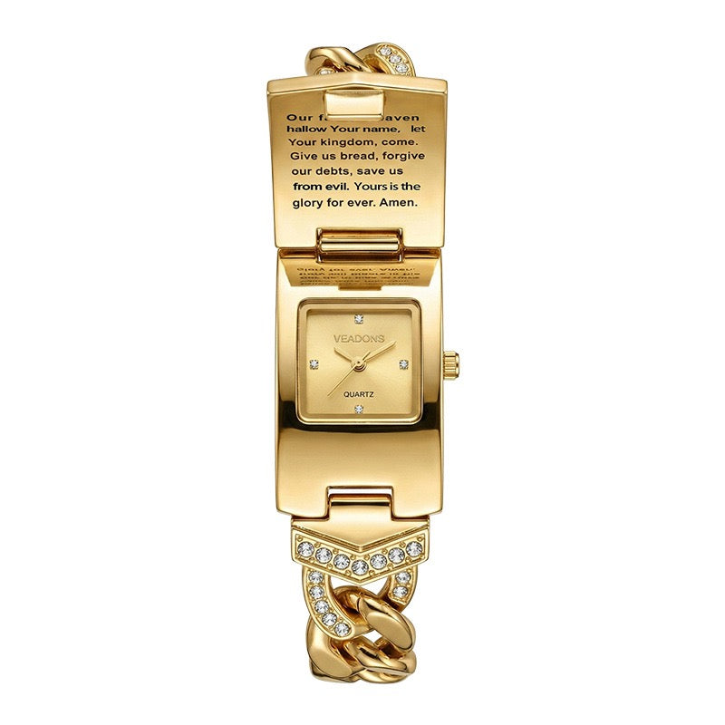Luxury Flip-Top Cross Diamond-Encrusted Watch, Retro Chain-Style Women's Wristwatch, Niche Design Quartz Watch