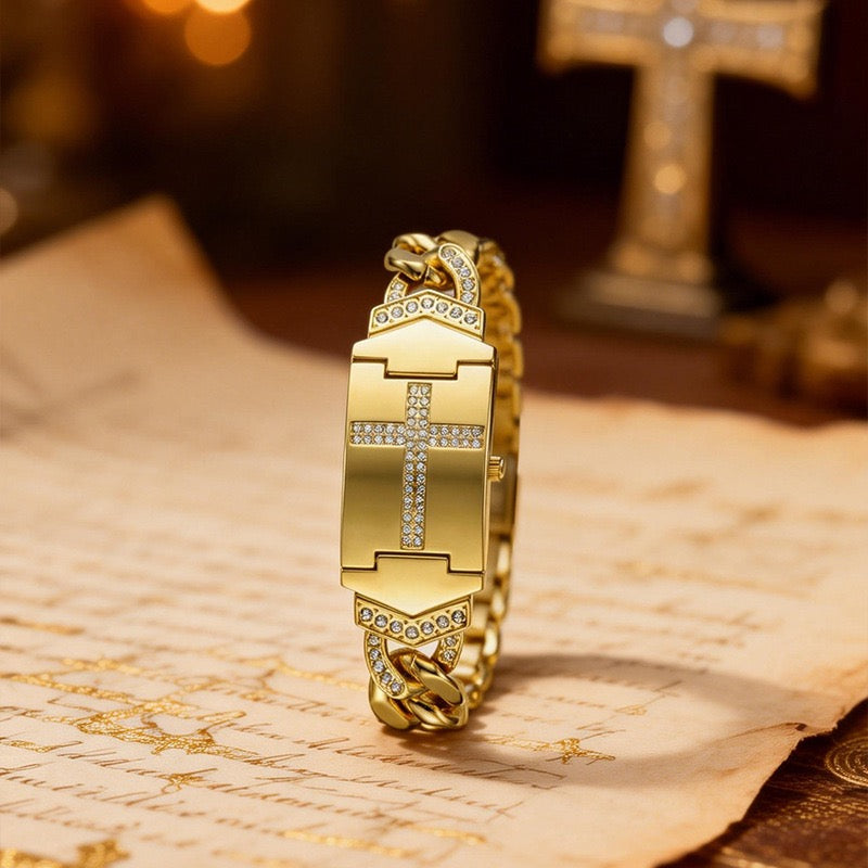 Luxury Flip-Top Cross Diamond-Encrusted Watch, Retro Chain-Style Women's Wristwatch, Niche Design Quartz Watch