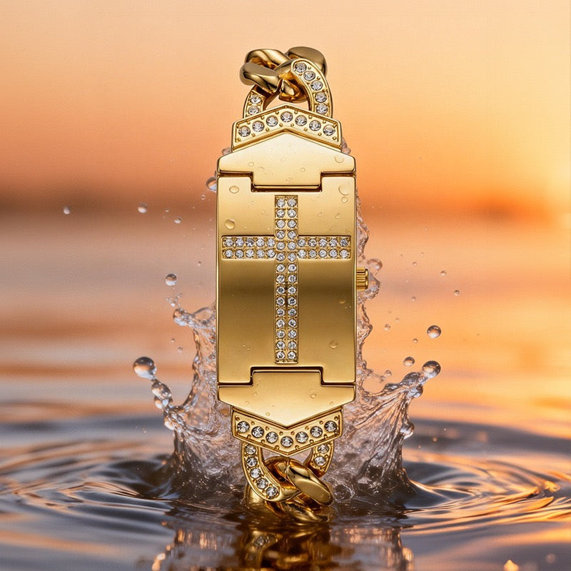 Luxury Flip-Top Cross Diamond-Encrusted Watch, Retro Chain-Style Women's Wristwatch, Niche Design Quartz Watch
