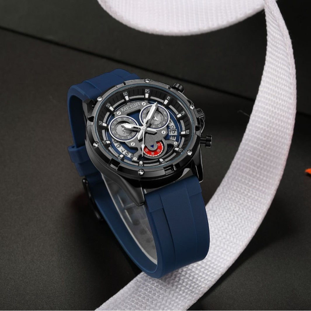 Sporty Three-Eye Chronograph Men's Watch, Silicone Strap Hollow Large Dial Quartz Wristwatch, Trendy Waterproof Versatile Timepiece