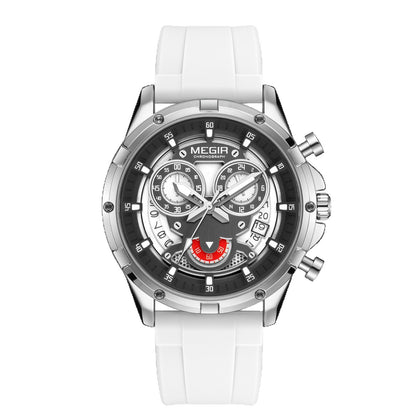 Sporty Three-Eye Chronograph Men's Watch, Silicone Strap Hollow Large Dial Quartz Wristwatch, Trendy Waterproof Versatile Timepiece