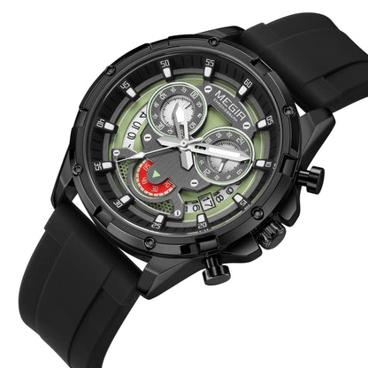 Sporty Three-Eye Chronograph Men's Watch, Silicone Strap Hollow Large Dial Quartz Wristwatch, Trendy Waterproof Versatile Timepiece