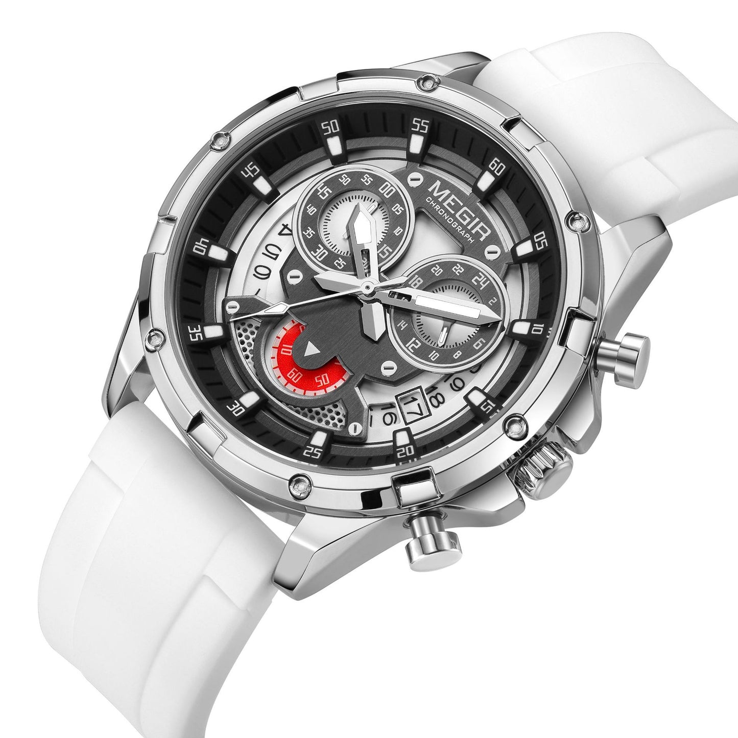 Sporty Three-Eye Chronograph Men's Watch, Silicone Strap Hollow Large Dial Quartz Wristwatch, Trendy Waterproof Versatile Timepiece