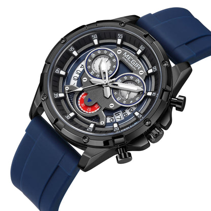 Sporty Three-Eye Chronograph Men's Watch, Silicone Strap Hollow Large Dial Quartz Wristwatch, Trendy Waterproof Versatile Timepiece