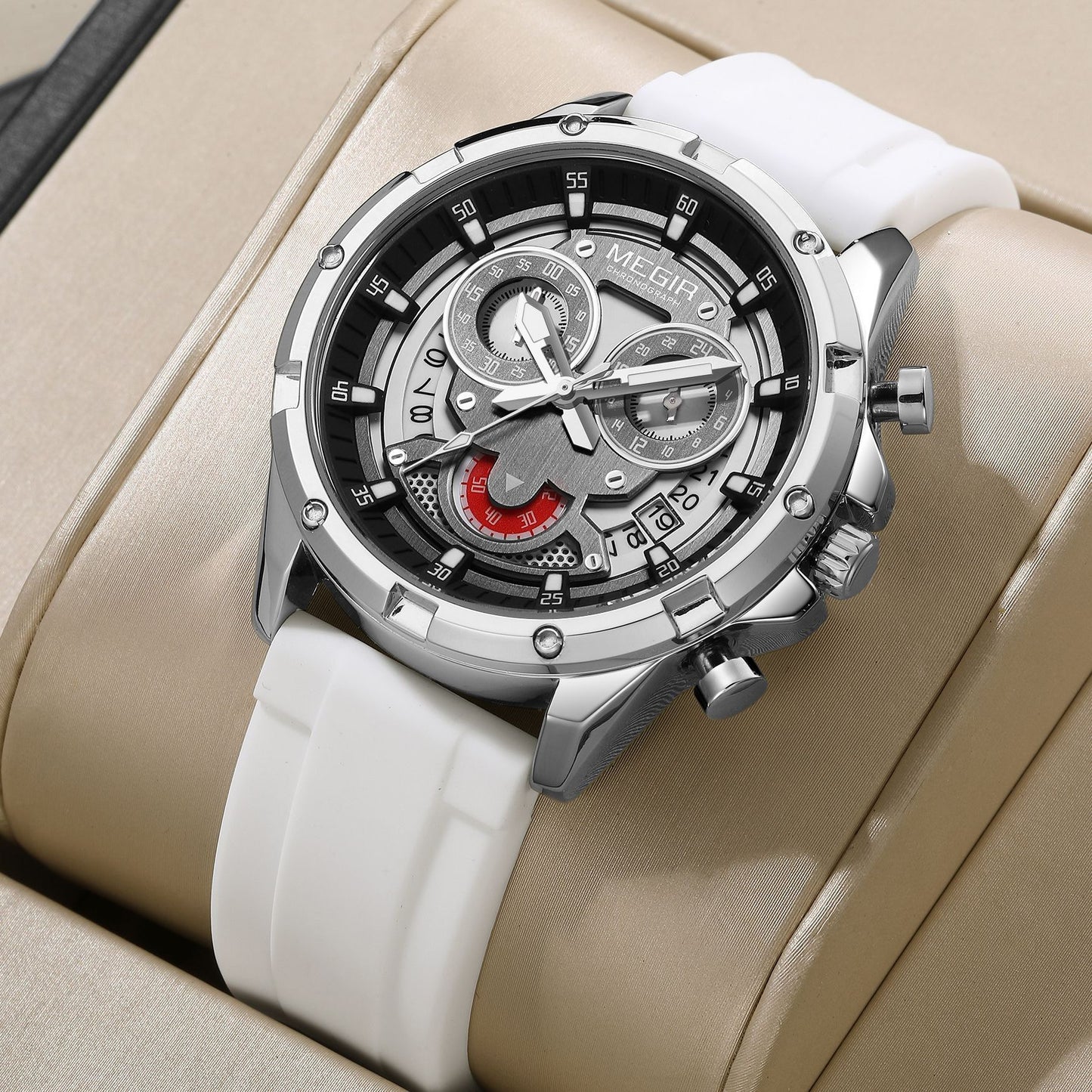 Sporty Three-Eye Chronograph Men's Watch, Silicone Strap Hollow Large Dial Quartz Wristwatch, Trendy Waterproof Versatile Timepiece