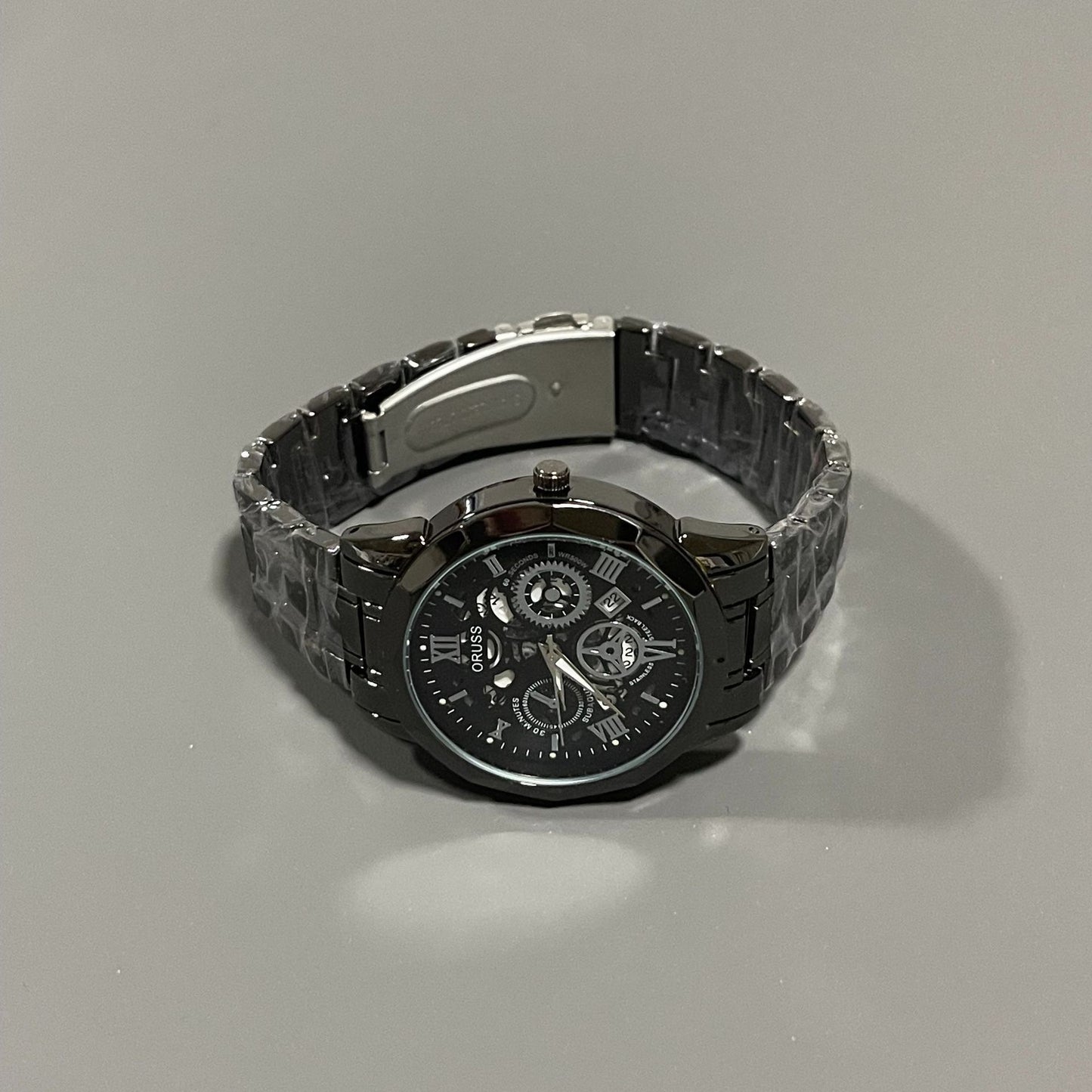 Luxury Skeleton Mechanical Wristwatch, Steel Band Multi-Color Men's Watch
