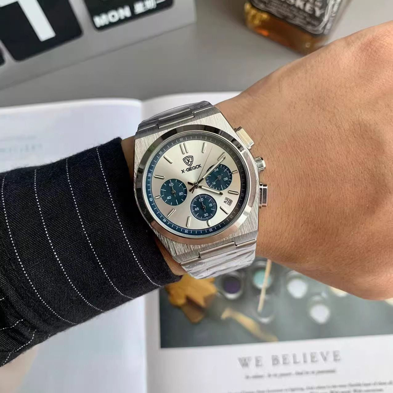 Semi-Formal Three-Eye Chronograph Watch, Multi-Color Steel Band Men's Wristwatch