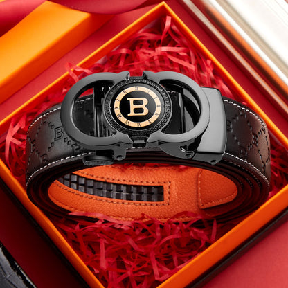 Business Style Letter Automatic Buckle Men's Belt, Embossed Wear-Resistant Waist Strap, Gift Box Versatile Formal Trouser Belt