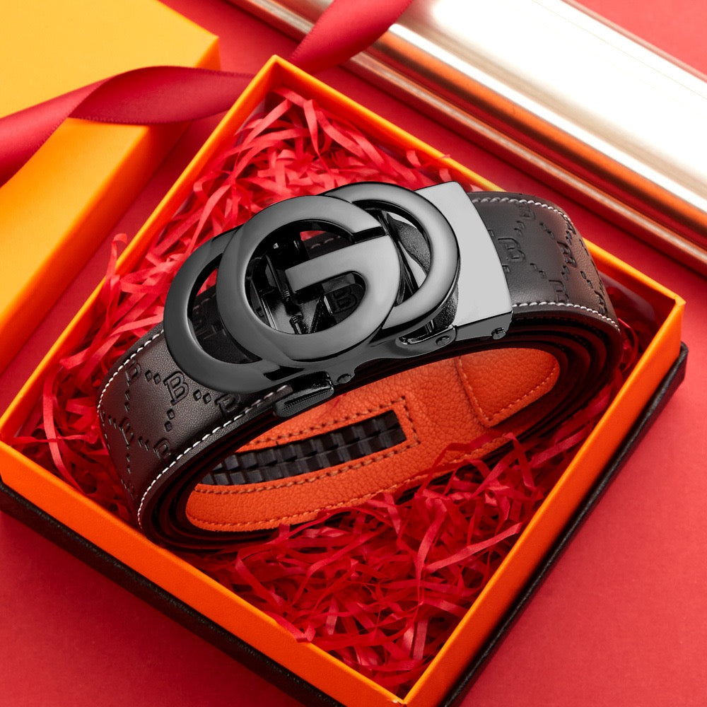 Business Style Letter Automatic Buckle Men's Belt, Embossed Wear-Resistant Waist Strap, Gift Box Versatile Formal Trouser Belt
