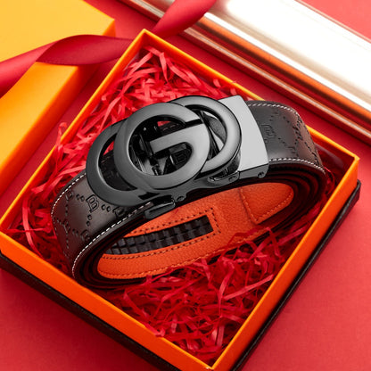 Business Style Letter Automatic Buckle Men's Belt, Embossed Wear-Resistant Waist Strap, Gift Box Versatile Formal Trouser Belt