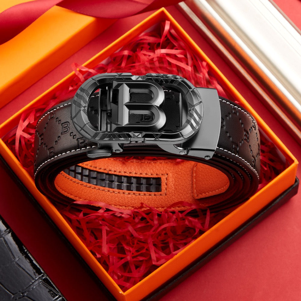 Business Style Letter Automatic Buckle Men's Belt, Embossed Wear-Resistant Waist Strap, Gift Box Versatile Formal Trouser Belt