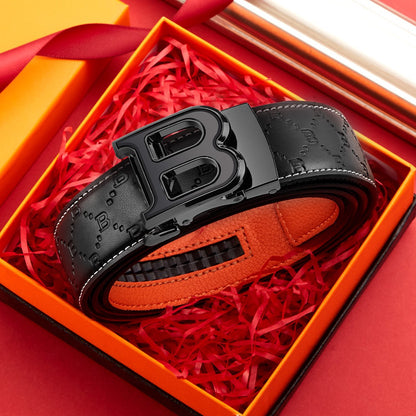 Business Style Letter Automatic Buckle Men's Belt, Embossed Wear-Resistant Waist Strap, Gift Box Versatile Formal Trouser Belt