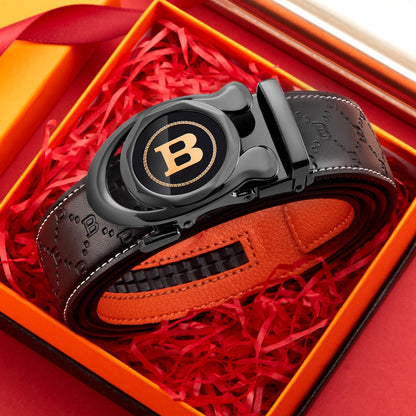 Business Style Letter Automatic Buckle Men's Belt, Embossed Wear-Resistant Waist Strap, Gift Box Versatile Formal Trouser Belt