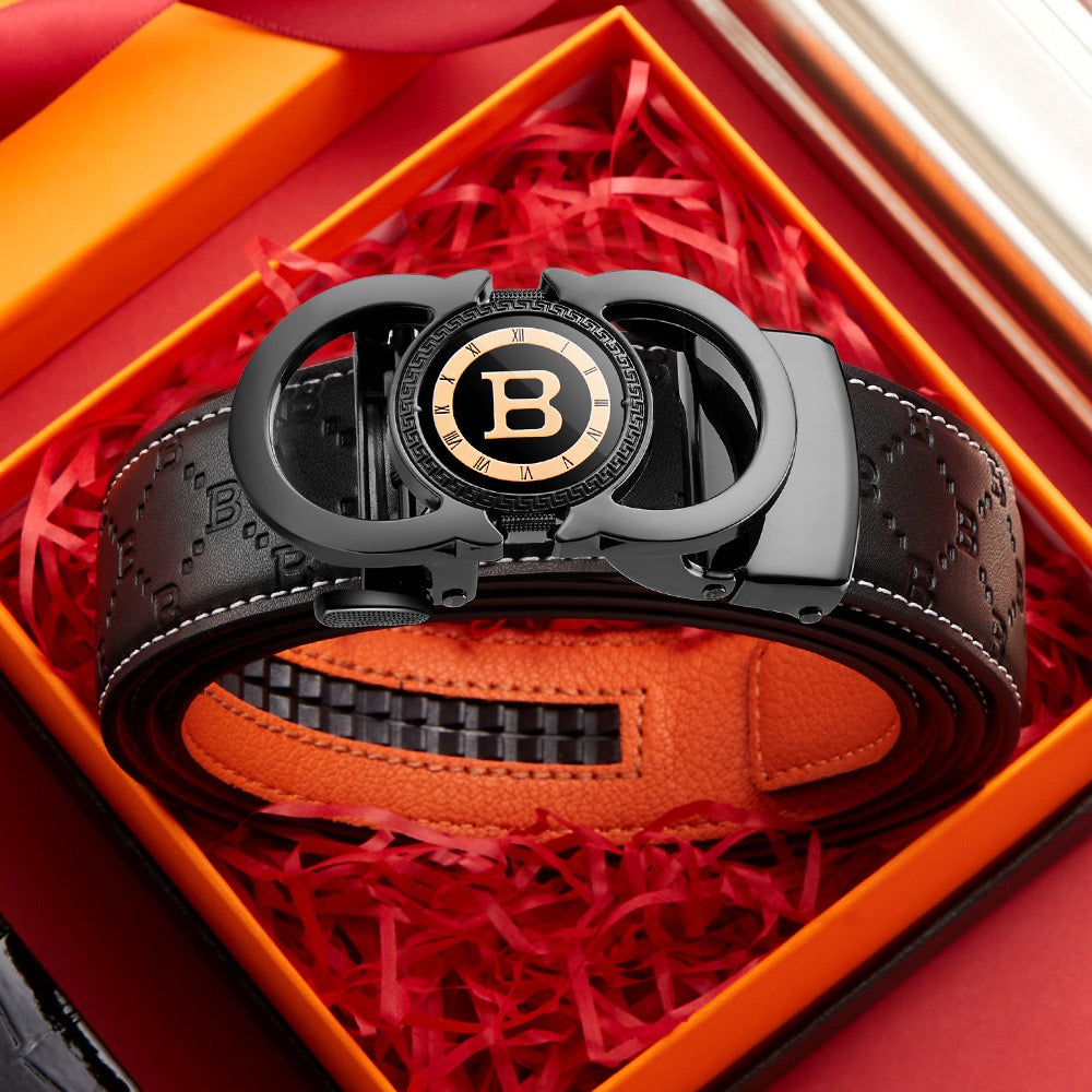 Business Style Letter Automatic Buckle Men's Belt, Embossed Wear-Resistant Waist Strap, Gift Box Versatile Formal Trouser Belt